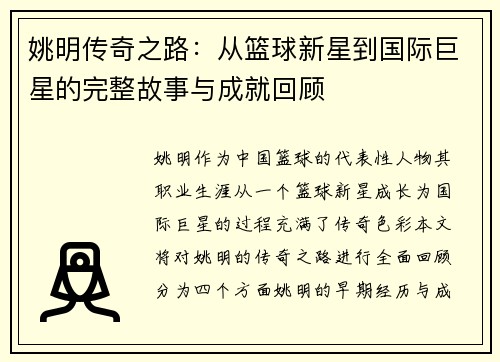 姚明传奇之路：从篮球新星到国际巨星的完整故事与成就回顾